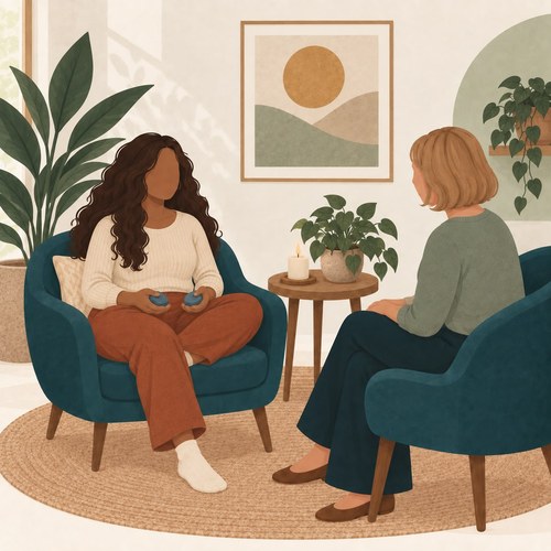 Illustration of a client holding bilateral stimulation Buzzies during an EMDR session